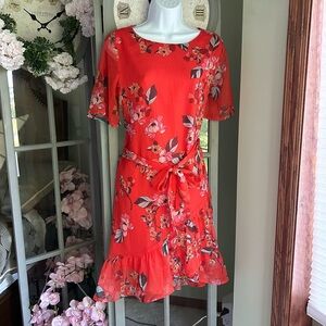 Women’s A NEW DAY Dress Red Floral Print Short Sleeve Ruffle Hi/Lo Size Small
